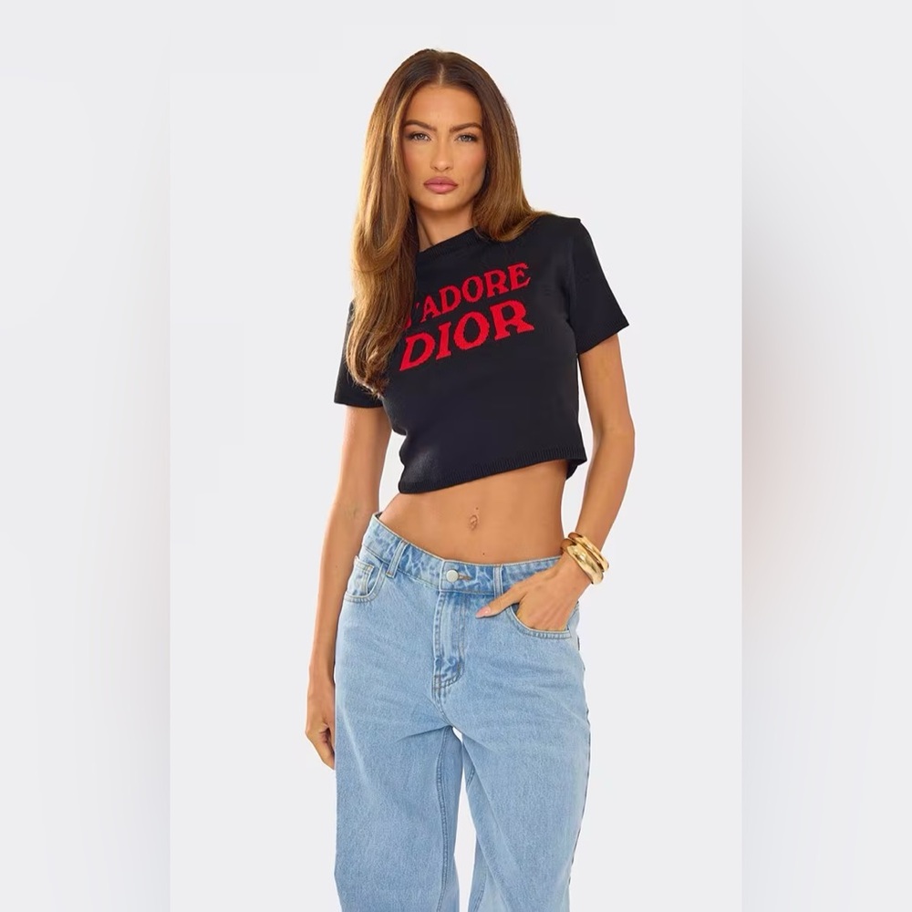 Dior Black Cropped Tee with Red Logo